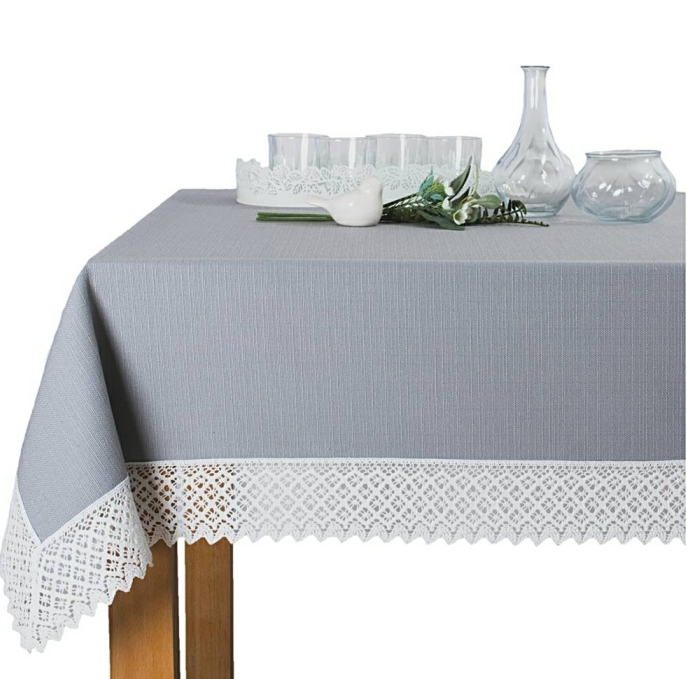 Obrus plamoodporny P130 szary z koronką białą K307